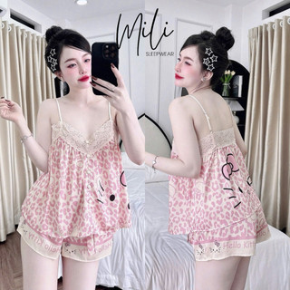 Đồ Bộ Nữ Mặc Nhà, Đồ Ngủ Lụa Latin Cao Cấp MiLi – Áo 2 Dây Nút Bọc Phối Ren – Quần Đùi Thắt Nơ Có Túi, Loang Rừng
