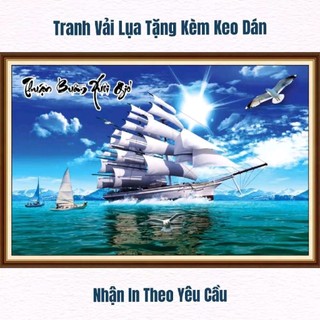 Tranh thuận buồm xuôi gió dán tường phòng khách phòng làm việc, tranh dán tường in trên chất liệu vải lụa (tặng keo dán)