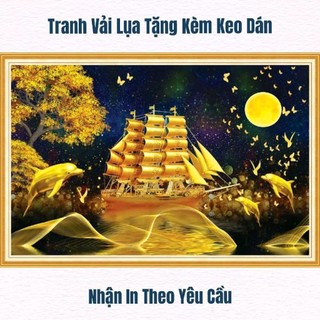 Tranh thuận buồm xuôi gió dán tường phòng khách phòng làm việc, tranh dán tường in trên chất liệu vải lụa (tặng keo dán)