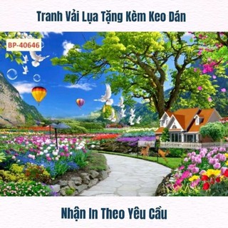 Tranh phong cảnh 3D dán tường phòng khách, phòng làm việc, nhà hàng; tranh in trên chất liệu vải lụa (tặng kèm keo dán)