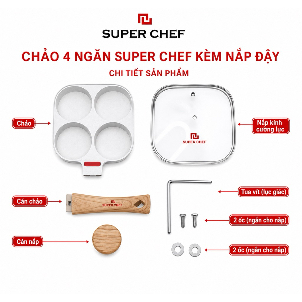 Chảo 4 Ngăn Super Chef Chống Dính Vân Đá - Tay Cầm Gỗ Cách Nhiệt, Có Cảm Biến Màu Sắc Báo Độ Nóng Siêu Tiện Lợi