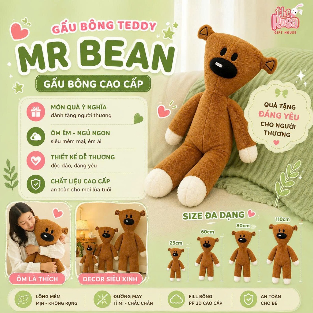 Gấu Bông Teddy Mr Bean Dễ Thương Size 25cm/60cm/80cm/110cm – Quà Tặng Ôm Ngủ Cao Cấp