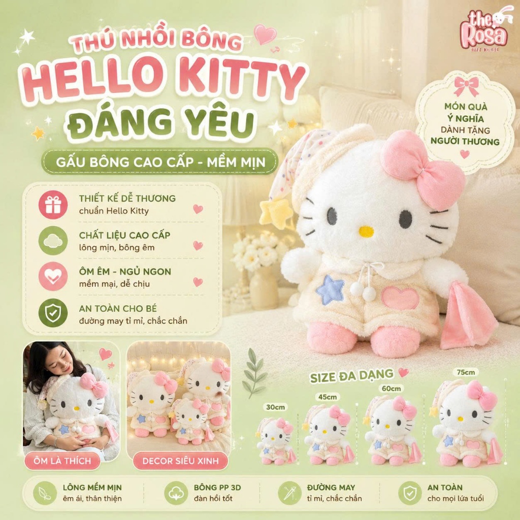 Thú Nhồi Bông Hello Kitty 30cm, 45cm, 60cm, 75cm – Gấu Bông Cao Cấp Mềm Mịn, Ôm Ngủ Cực Êm