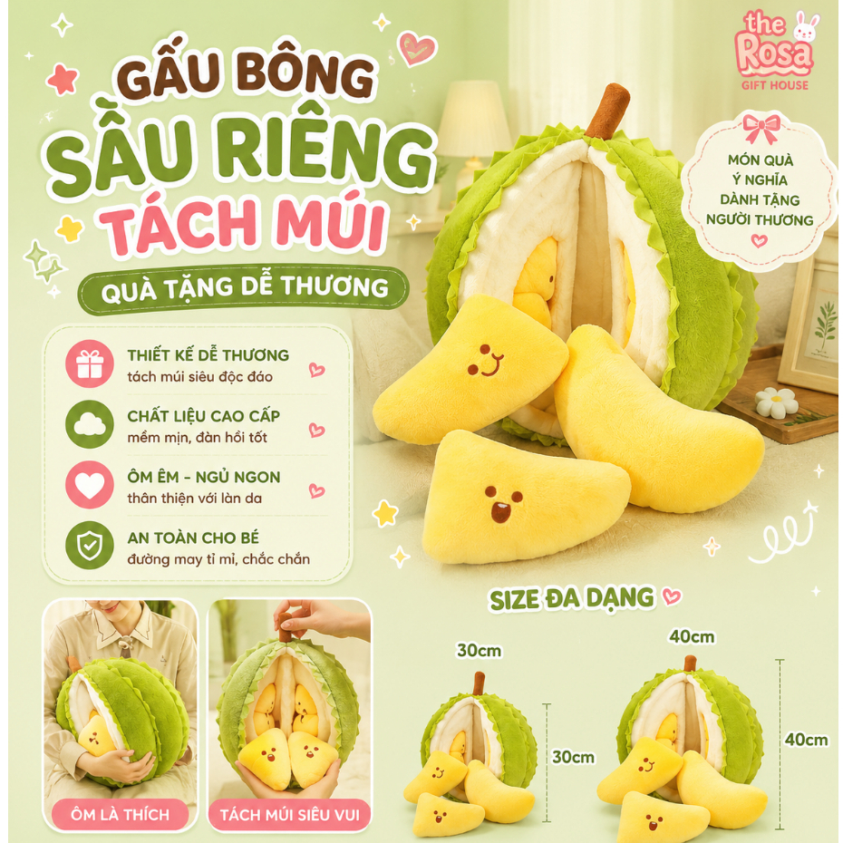 Gấu Bông Sầu Riêng Tách Múi Siêu Hot Nhồi Bông Quả Sầu Riêng Đồ Chơi Có Thể Tách Múi Quà Tặng Cho Bé Baby Ros