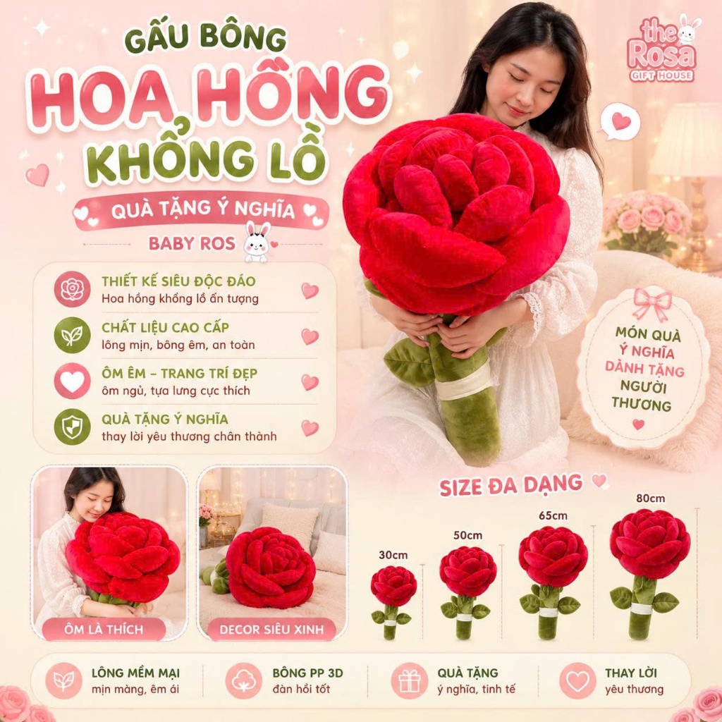 Hoa Hồng Khổng Lồ Bằng Bông 30cm 50cm 65cm 80cm – Món Quà Độc Đáo Và Ý Nghĩa Cho Những Dịp Đặc Biệt