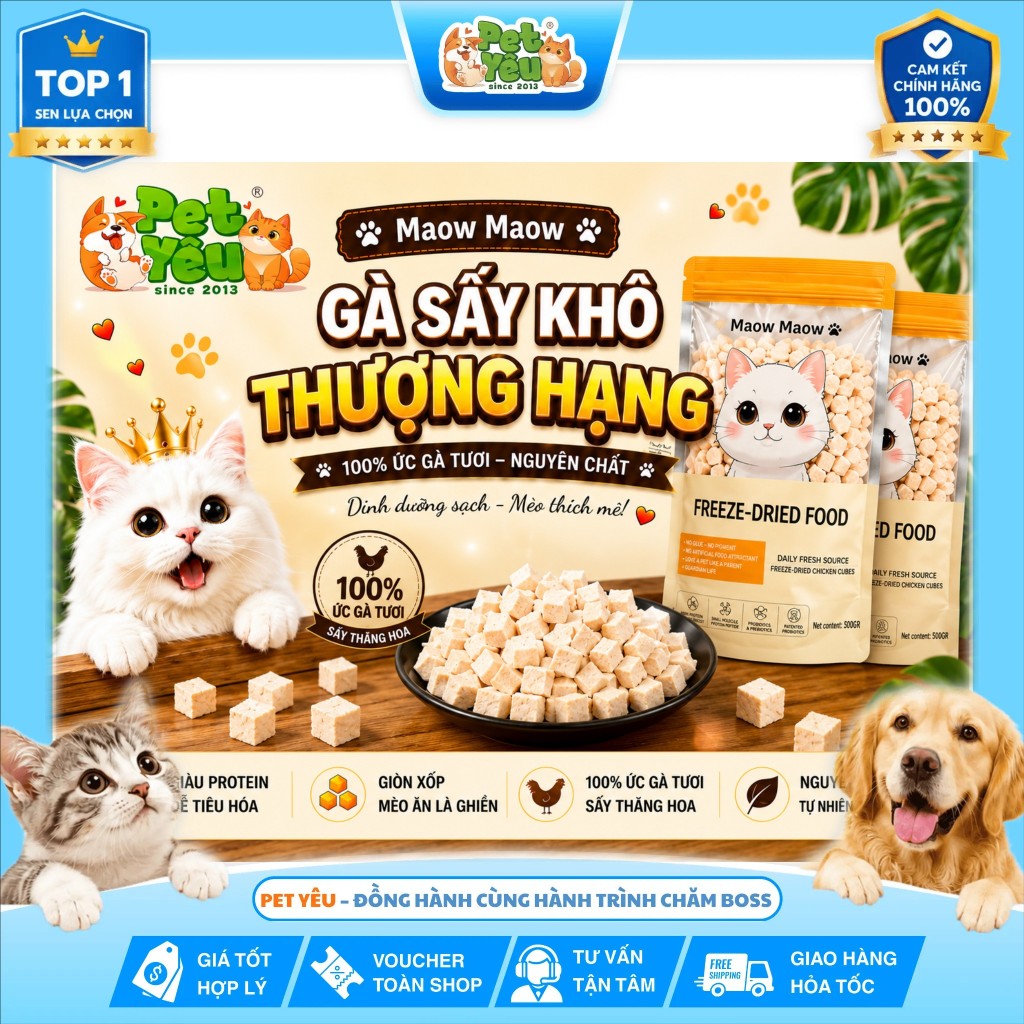 Gà viên sấy thăng hoa Maow Maow giữ nguyên mùi thơm và vị ngon cho chó mèo