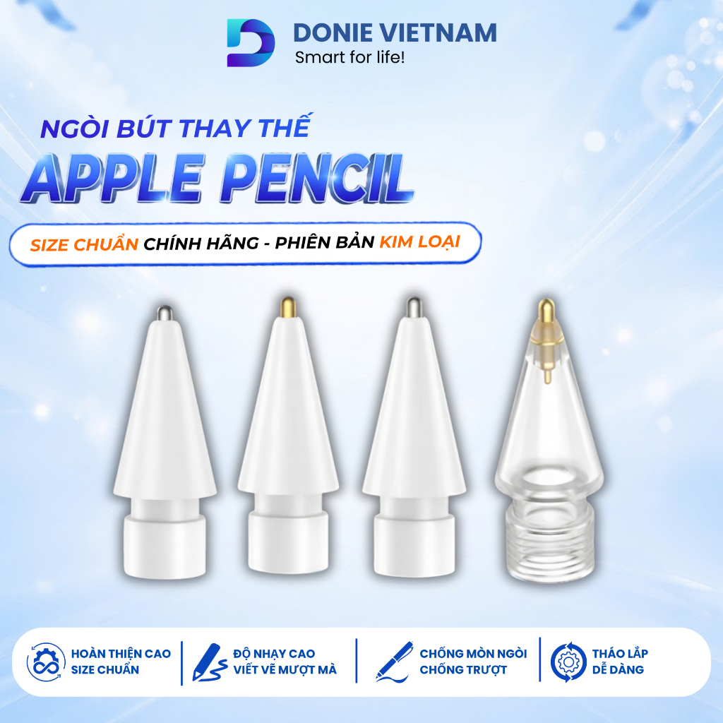 [Ngòi Chính Hãng] Ngòi Bút Kim Loại Thay Thế nhám Cao Cấp Cho Bút Apple Pencil 1/2 & Pro | Donie A01