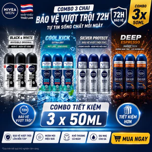 NIVEA MEN THÁI LAN Combo 3 Chai Lăn Khử Mùi 50g- Black & White / Cool Kick / Silver Protect / Deep Espresso - Bảo Vệ 72H