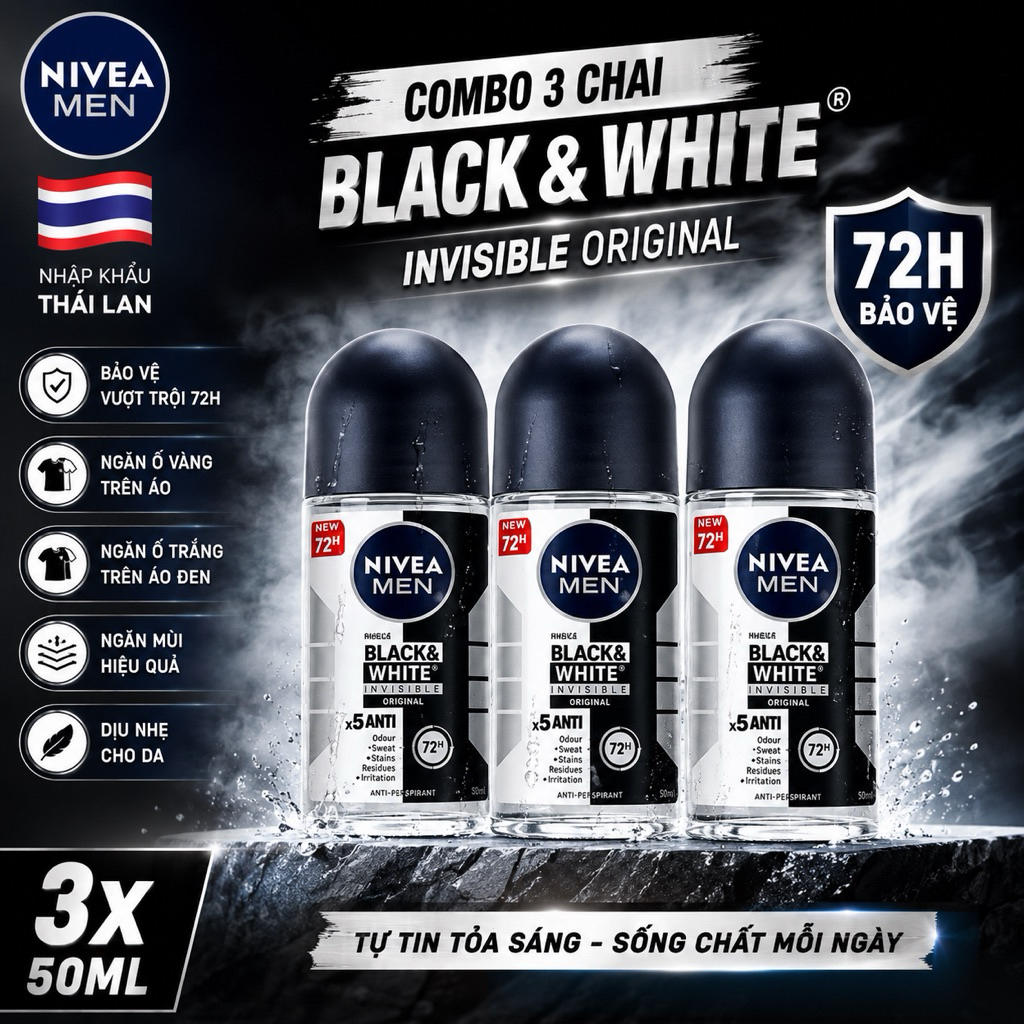 (THAILAND) Combo 3 Chai Lăn Khử Mùi Nivea Men Black & White Invisible Original 50ml - Khử Mùi 72H, Giảm Vệt Ố Vàng