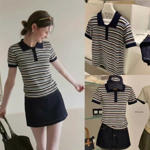 𝐍𝐠𝐨𝐜𝐚𝐧𝐡𝟔𝟗𝟓𝟗 WGWE A804 Áo polo cổ bẻ ngắn tay kẻ mã #9191 phong cách basic tiểu thư mùa hè N999 Ord