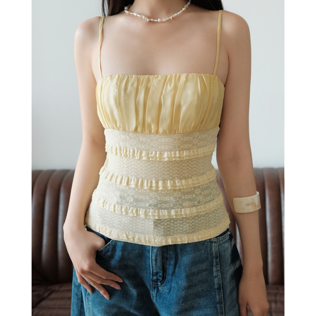 SECODEE Áo Hai Dây Cúp Ngực Phối Thun Ren POLMIE Áo Ôm Body Nhún Bèo Tầng Cá Tính FSBA2604139