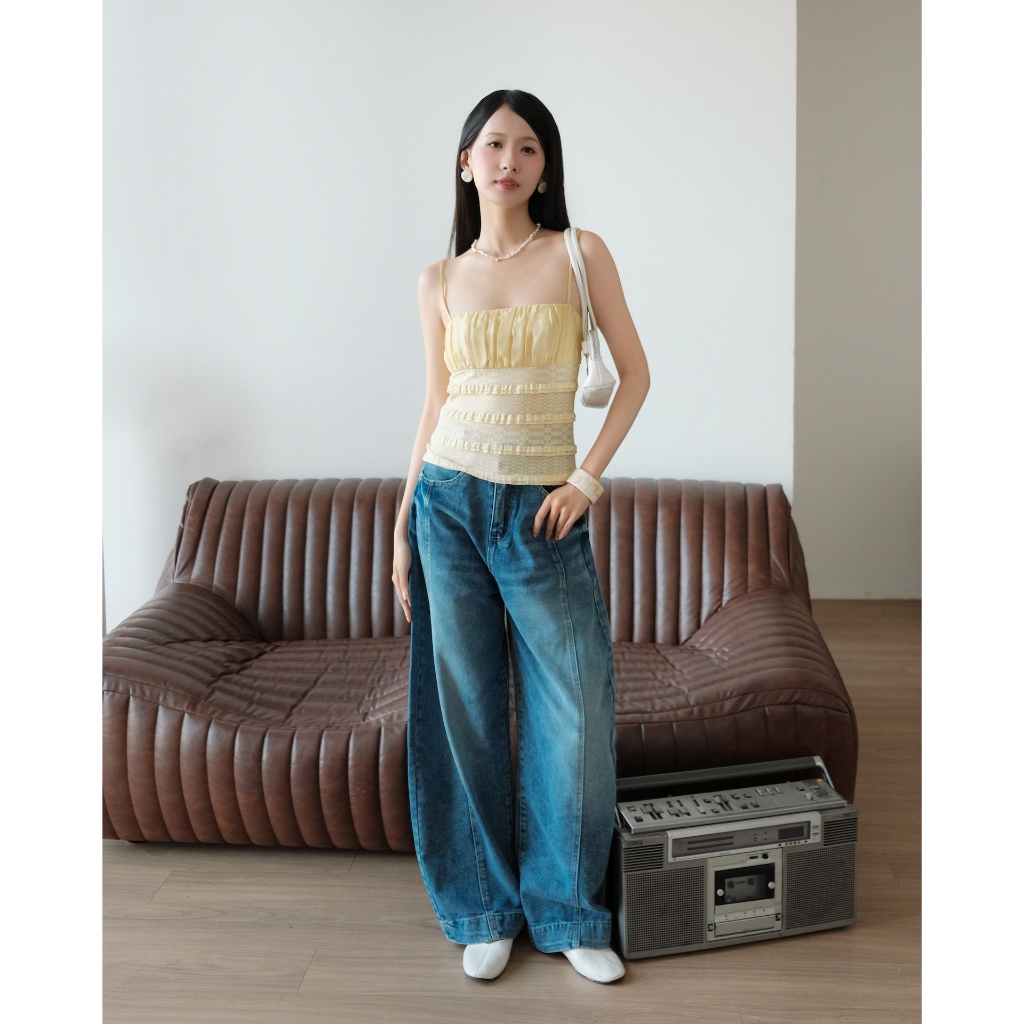SECODEE Áo Hai Dây Cúp Ngực Phối Thun Ren POLMIE Áo Ôm Body Nhún Bèo Tầng Cá Tính FSBA2604139