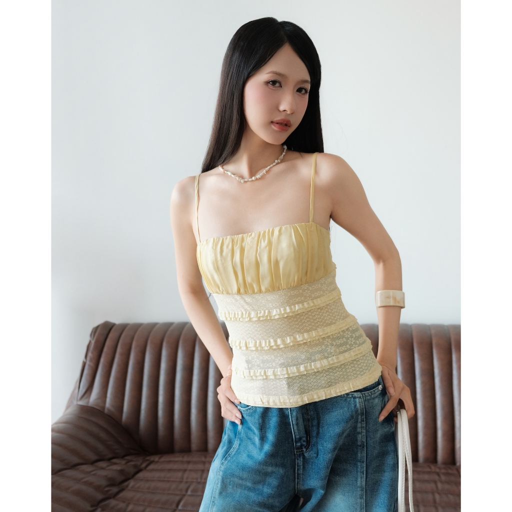 SECODEE Áo Hai Dây Cúp Ngực Phối Thun Ren POLMIE Áo Ôm Body Nhún Bèo Tầng Cá Tính FSBA2604139