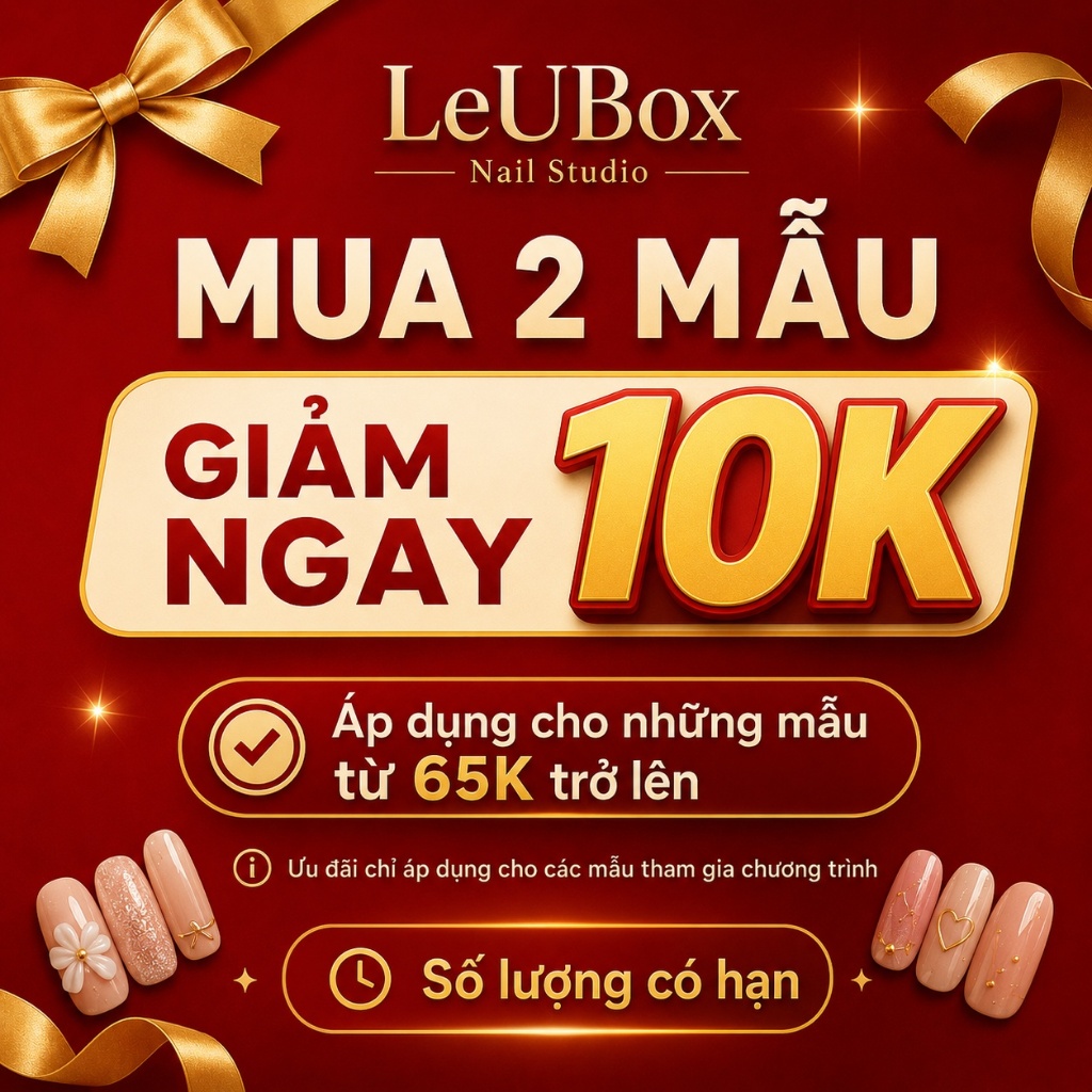 [D06] Móng tay giả form nhọn dài, nailbox mắt mèo hồng đỏ vẽ đầu móng đính nơ TẶNG KEO DÁN LEUBOX