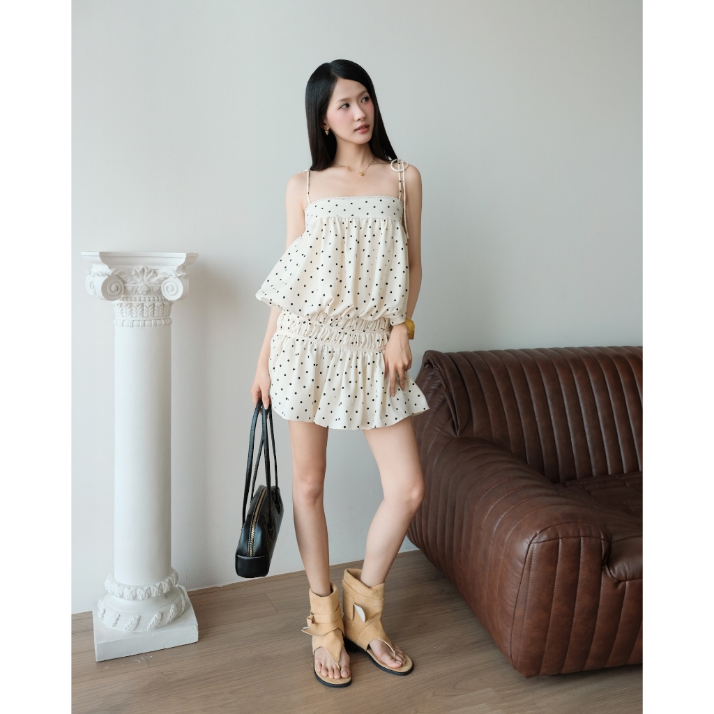 SECODEE Đầm Hai Dây Form Bí Phồng Phối Viền Xòe POUDY Váy Midi Chấm Bi Thời Trang Nữ FSDA2604060