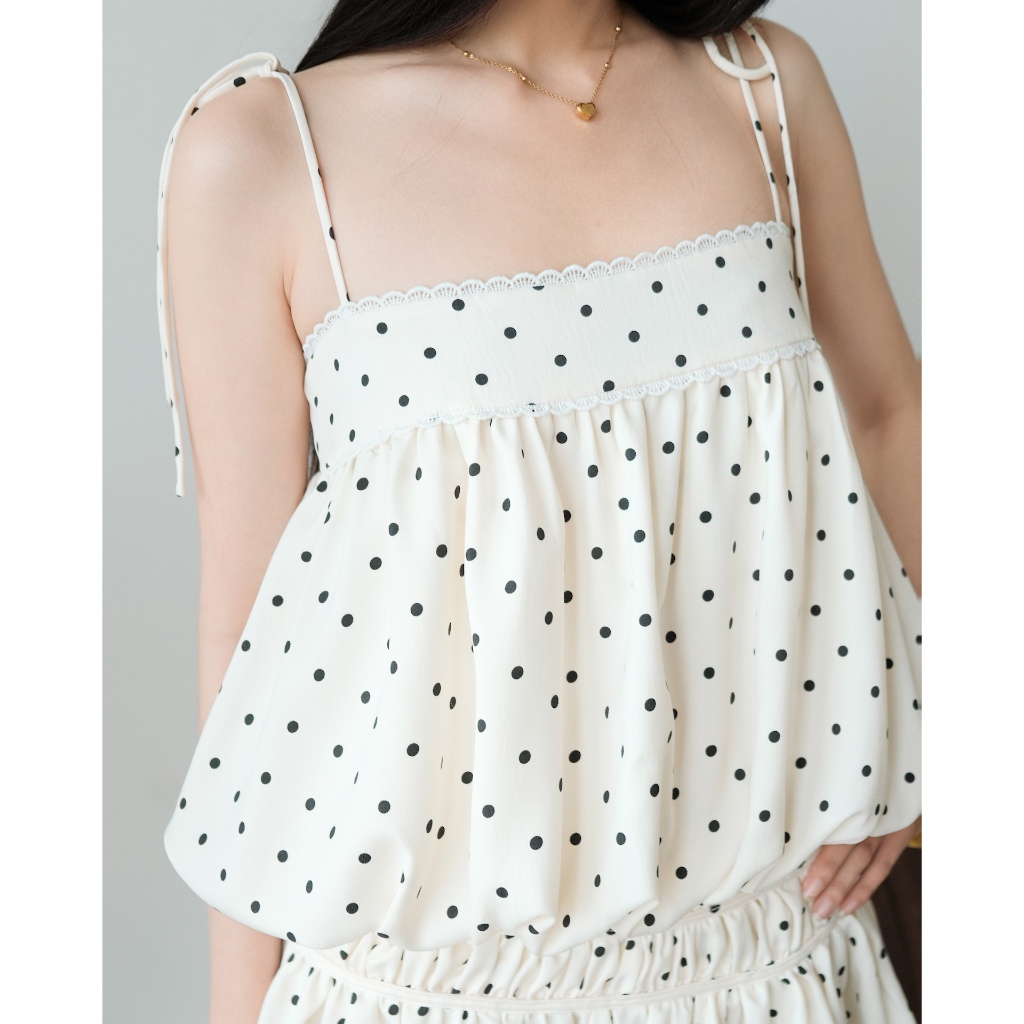 SECODEE Đầm Hai Dây Form Bí Phồng Phối Viền Xòe POUDY Váy Midi Chấm Bi Thời Trang Nữ FSDA2604060