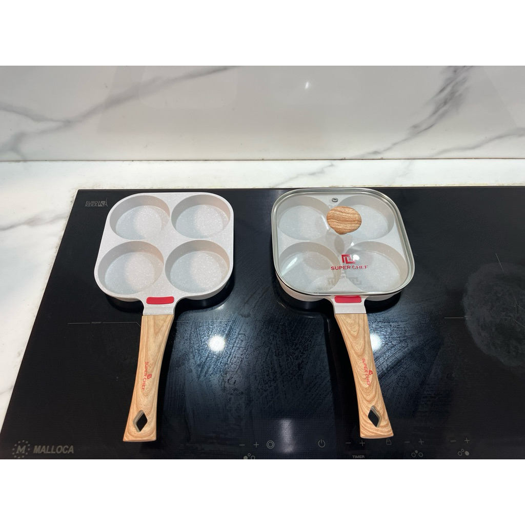 Chảo 4 Ngăn Super Chef Chống Dính Vân Đá - Tay Cầm Gỗ Cách Nhiệt, Có Cảm Biến Màu Sắc Báo Độ Nóng Siêu Tiện Lợi