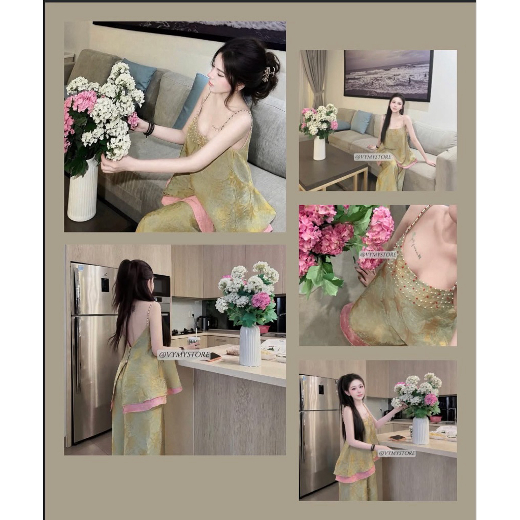 Set áo 2 dây lụa đính cườm phối màu quần suông Thảo Hàn