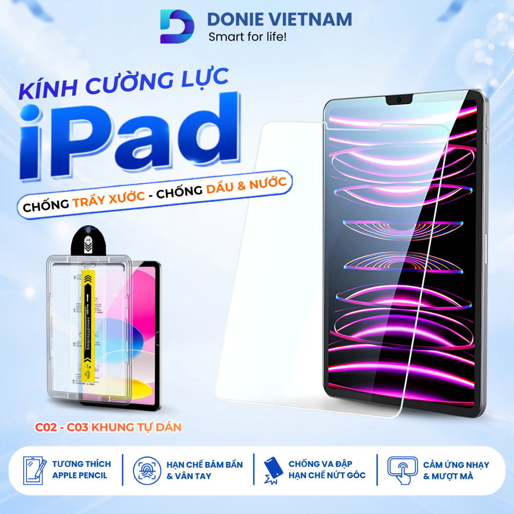 Kính Cường Lực iPad DONIE - Khung Tự Dán 30 Giây Chống Nước A16 Gen 10/11 Air 4/5/6/7 Pro 11 M3 M4