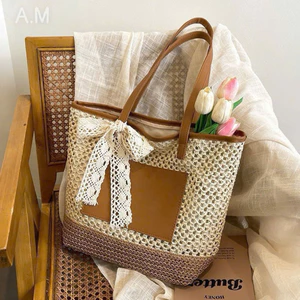 Túi Cói Đi Biển Dung Tích Lớn Thời Trang Phong Cách Vintage Kèm Dây Nơ Ren