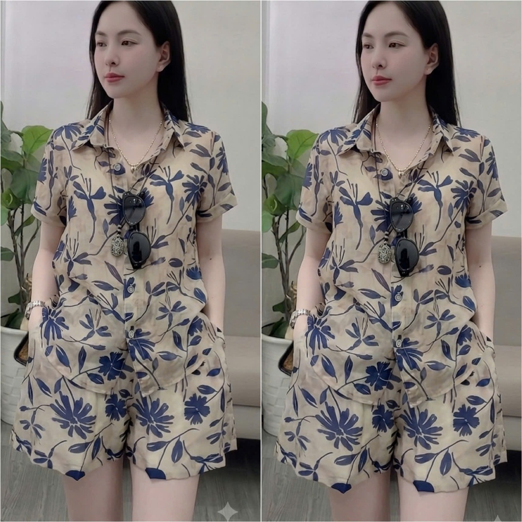 HT42. Sét bộ sơ mi hoa chất tơ hàng đẹp. Sét đi biển đủ size 40-70kg vừa. Chất liệu tơ mềm nhẹ mát hạn chế nhăn