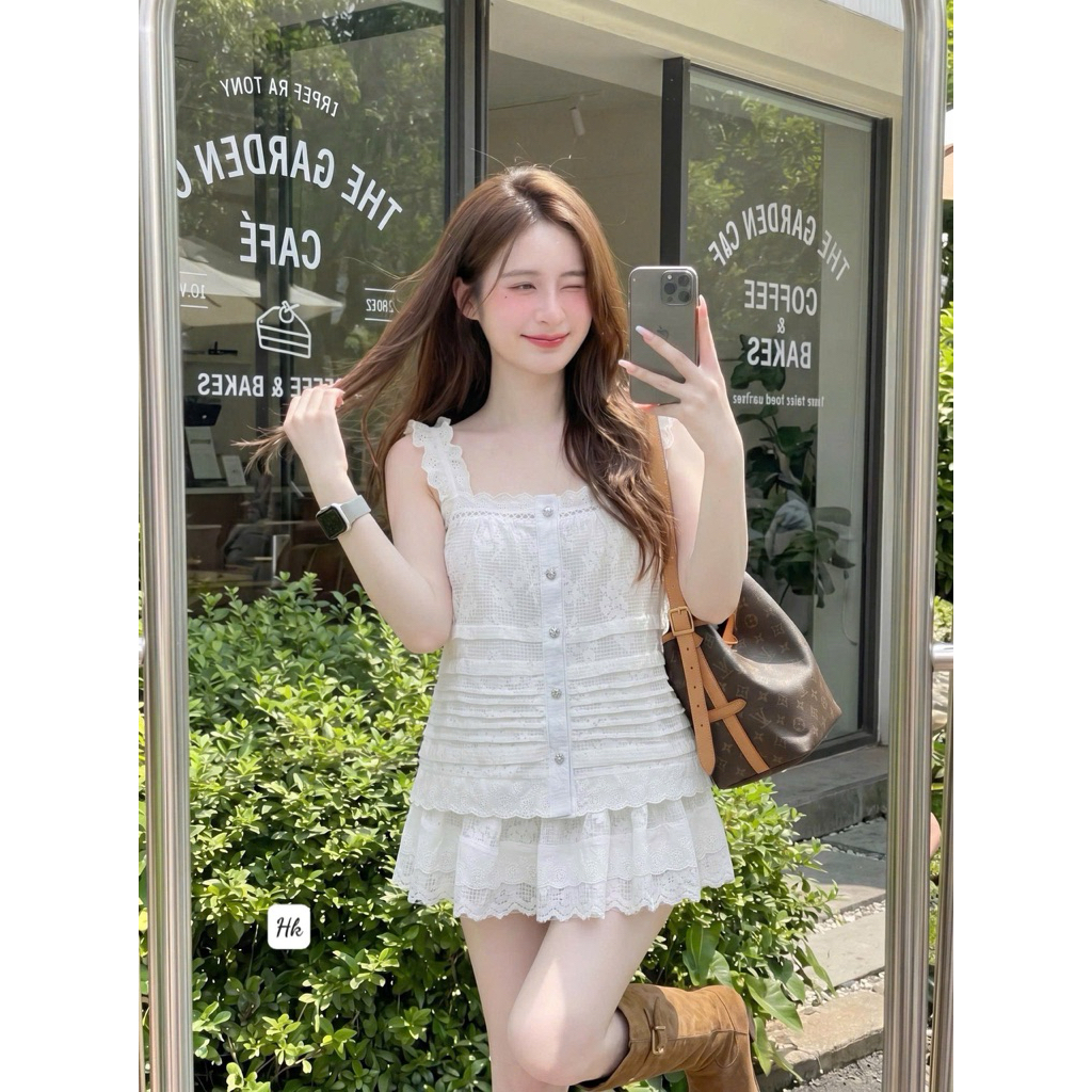 Set Áo hai dây viền ren mix chân  ngắn nữ tính liền Quần lót  BYJOLIE