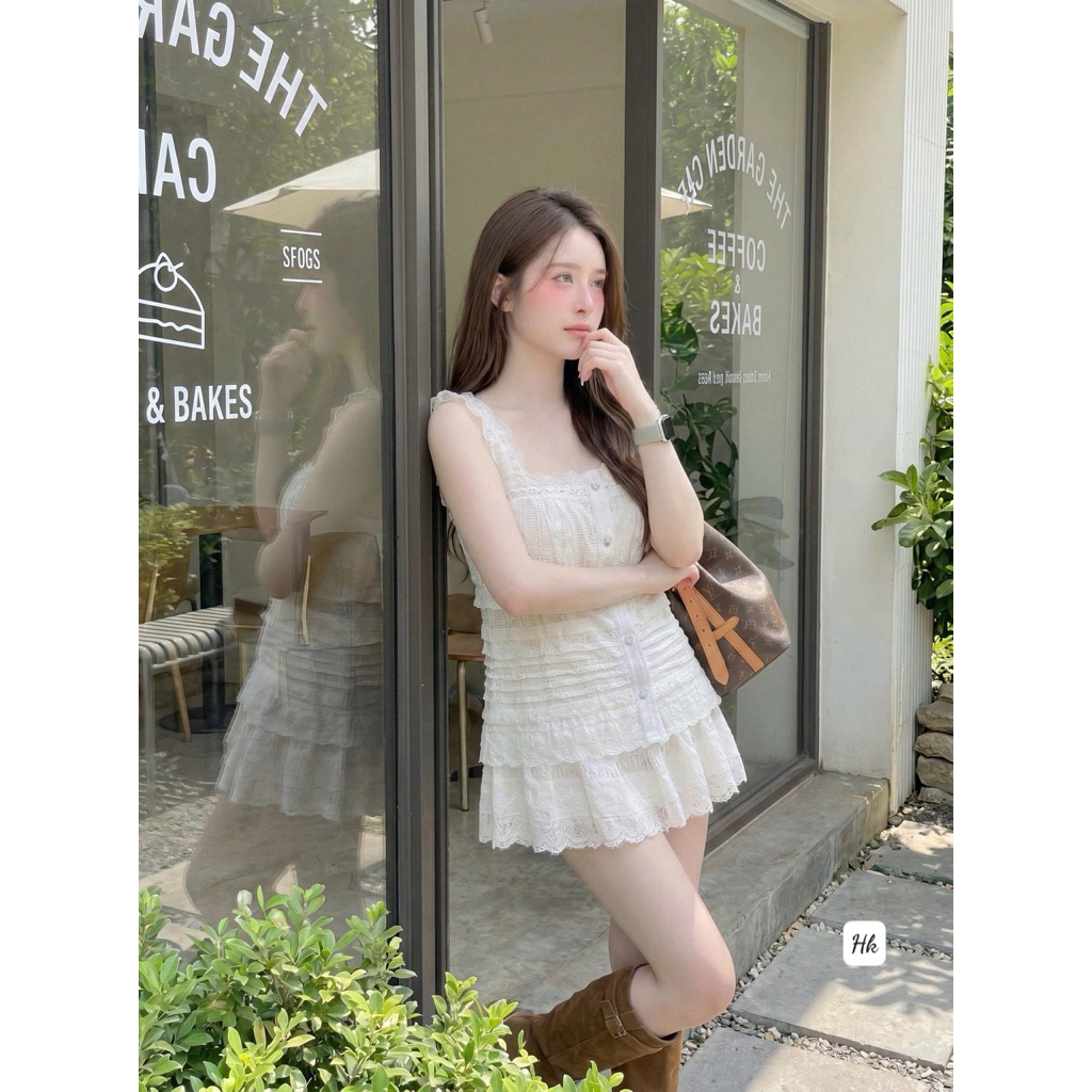 Set Áo hai dây viền ren mix chân  ngắn nữ tính liền Quần lót  BYJOLIE