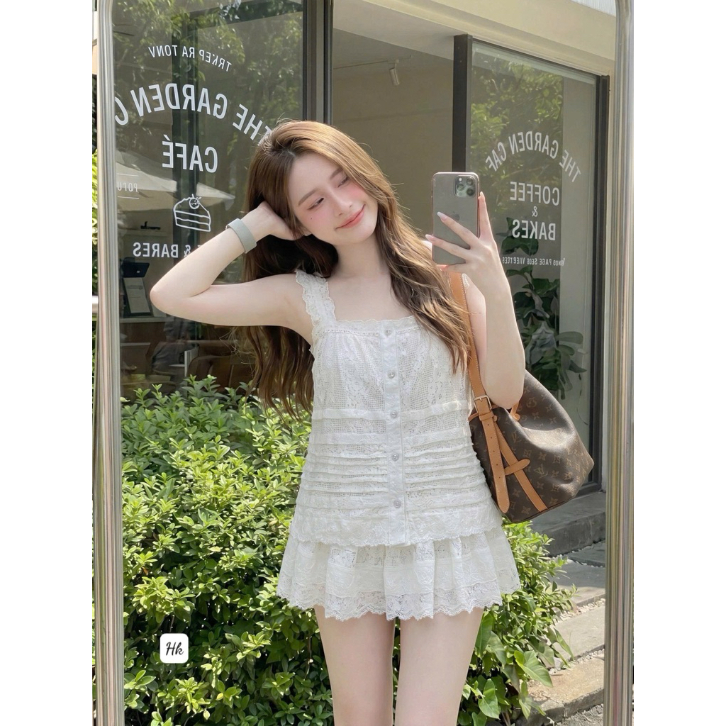 Set Áo hai dây viền ren mix chân  ngắn nữ tính liền Quần lót  BYJOLIE