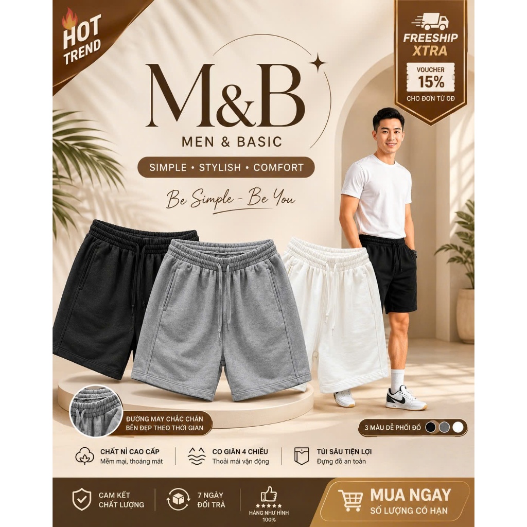 Quần Short Nam Form Rộng Cao Cấp M&B – Nỉ Chân Cua Mềm Mịn, Co Giãn 4 Chiều, Dễ Phối Đồ