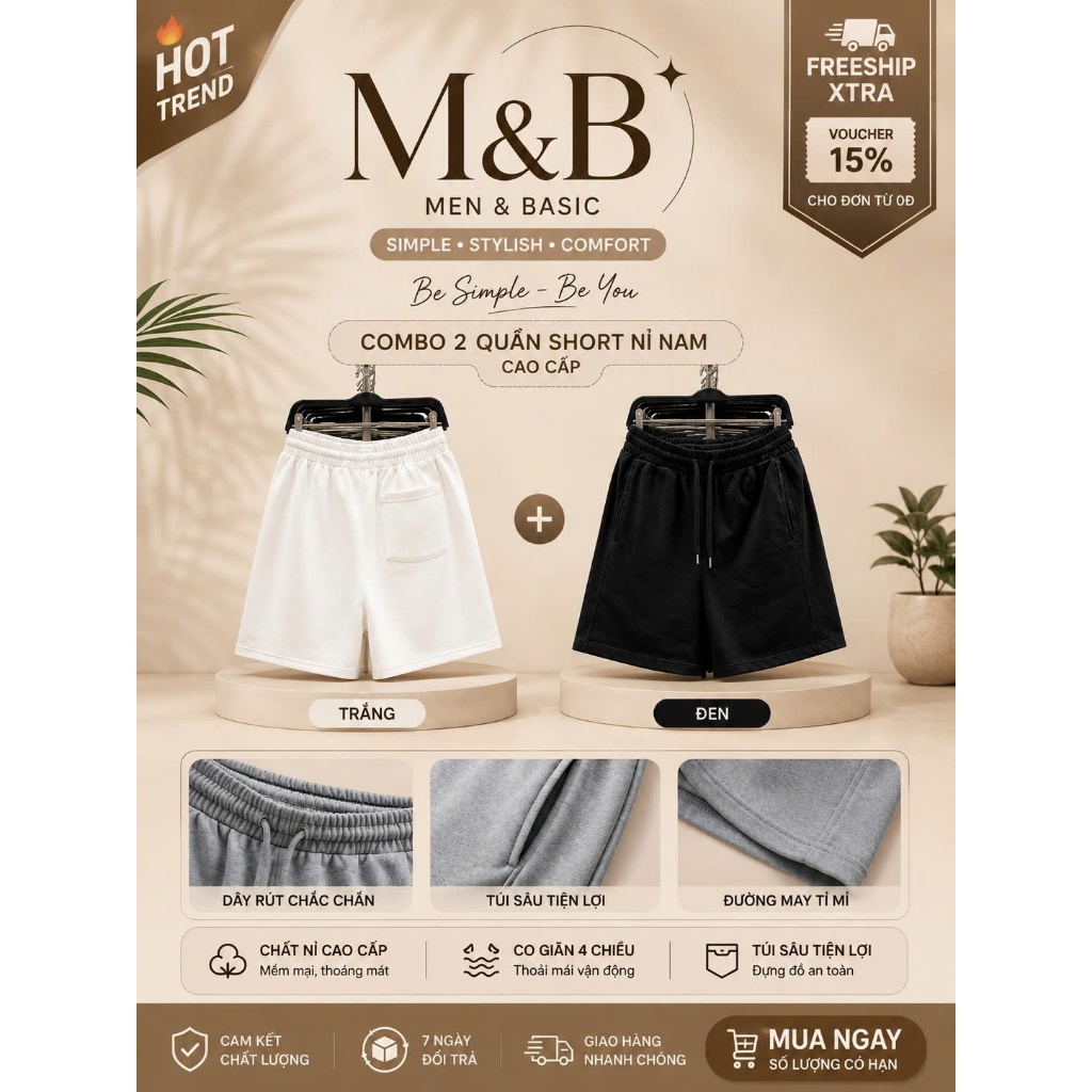 Combo 2 Quần Short Nỉ Nam Form Rộng Basic – Quần Đùi Nam Chất Nỉ Chân Cua Co Giãn, Thoáng Mát, Dễ Phối Đồ