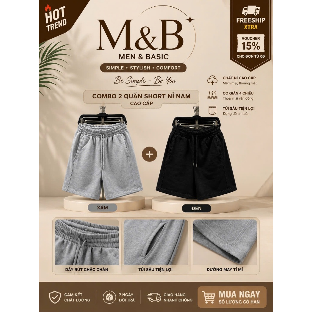 Combo 2 Quần Short Nỉ Nam Form Rộng Basic – Quần Đùi Nam Chất Nỉ Chân Cua Co Giãn, Thoáng Mát, Dễ Phối Đồ