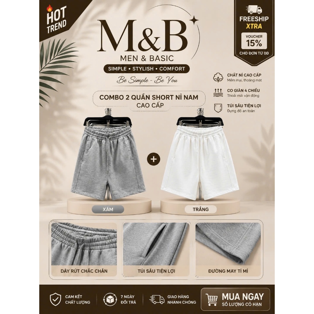 Combo 2 Quần Short Nỉ Nam Form Rộng Basic – Quần Đùi Nam Chất Nỉ Chân Cua Co Giãn, Thoáng Mát, Dễ Phối Đồ