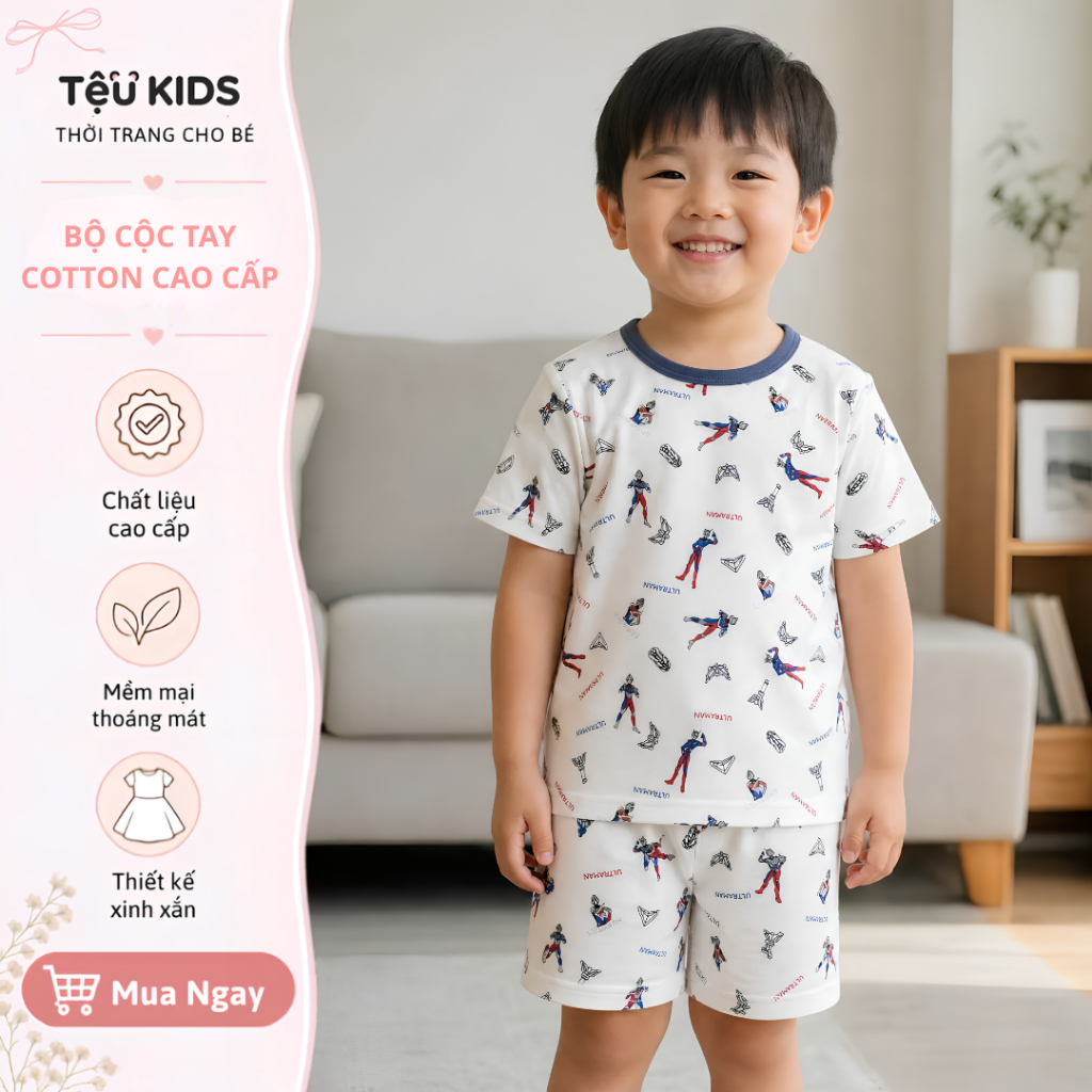Bộ Thun Lạnh Bé Trai Tệu Kids - Bộ Cộc Tay Mềm Mát Co Giãn Thoải Mái Mặc Nhà Mùa Hè Cho Bé 15 - 21kg