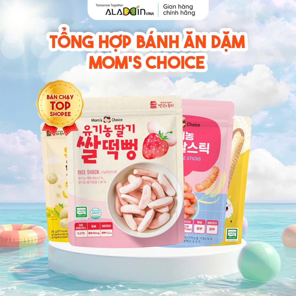 Bánh Ăn Dặm Hữu Cơ Cho Bé Từ 6M Mom’s Choice bánh gạo hữu cơ Hàn Quốc Mềm Tan Dễ Ăn Aladdin Vina