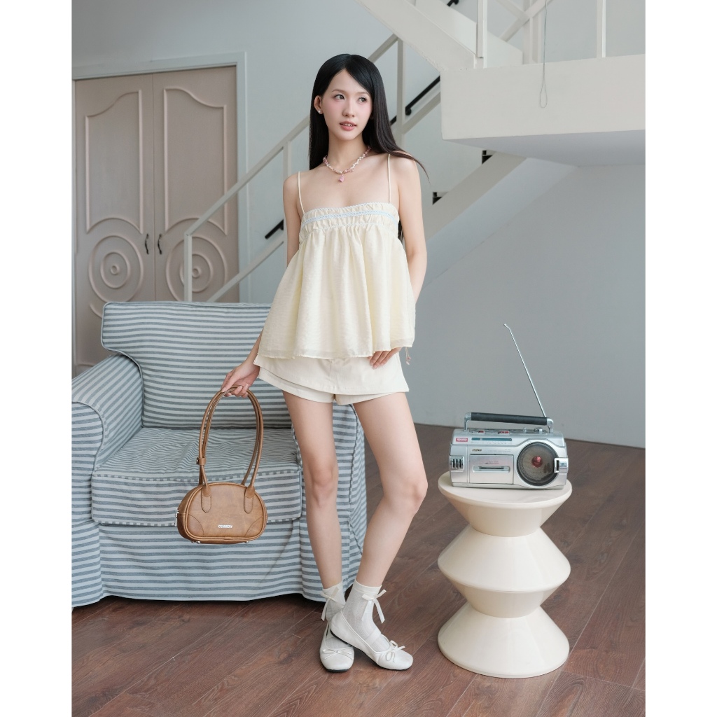 SECODEE Áo hai dây HORIZ Phối Ren Có Lót Lụa - Áo Babydoll Dáng Bí Phồng Dễ Thương FSBA2604077