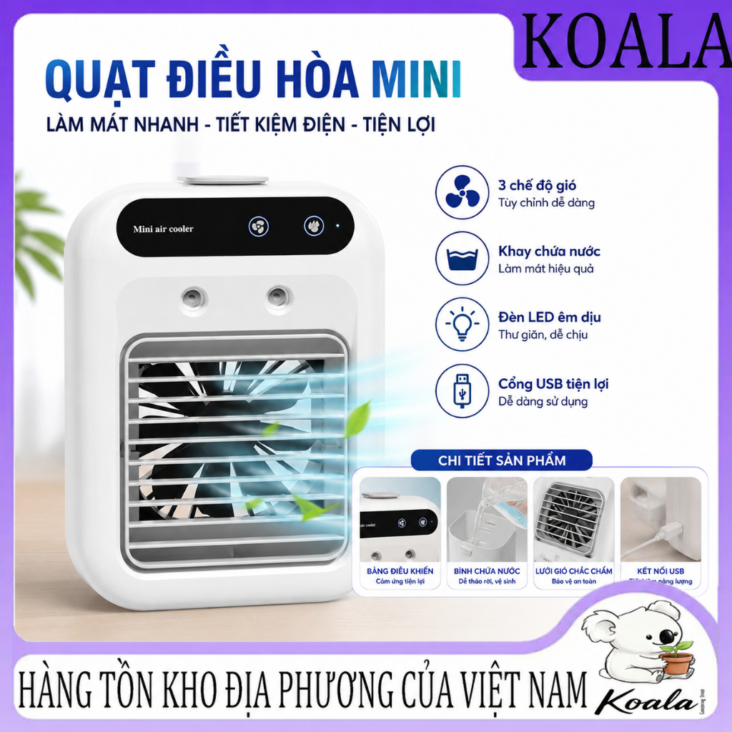 Quạt điều hòa mini phun kép - Làm mát tức thì 3-5°C, bình chứa nước 500ml, hoạt động liên tục 3-5 giờ, tiết kiệm năng lư