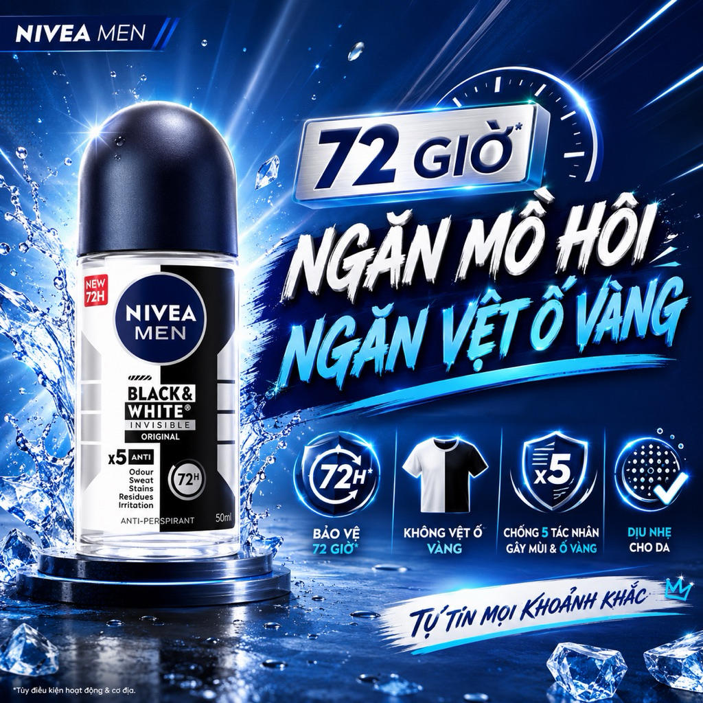 (THAILAND) Combo 3 Chai Lăn Khử Mùi Nivea Men Black & White Invisible Original 50ml - Khử Mùi 72H, Giảm Vệt Ố Vàng