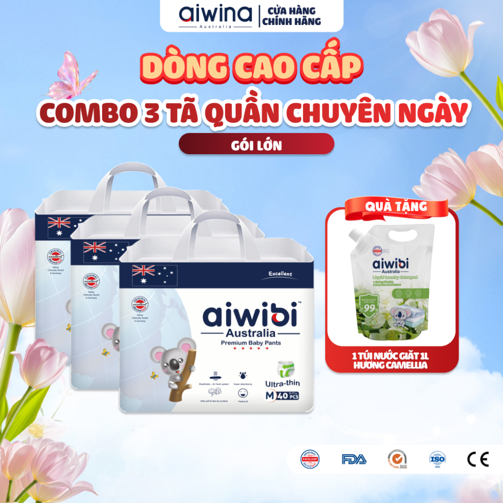 [Combo 3] Tã/Bỉm Quần Cao Cấp Aiwibi Light Feather Cho Bé Siêu Thấm Hút, Chống Tràn - Gói Lớn M/L/XL/XXL/XXXL/XXXXL
