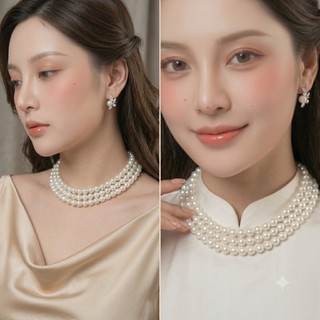 [ DAISYN ] N728  dây chuyền ngọc trai nhân tạo hạt 10mm , chuỗi hạt ngọc trai nhân tạo 3 sợi  sang trọng cho nữ