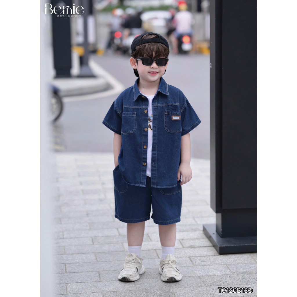 Set jean cộc tay Pocket Chill Bernie chất liệu jean mềm đứng form cực chất cho bé trai 9-28kg