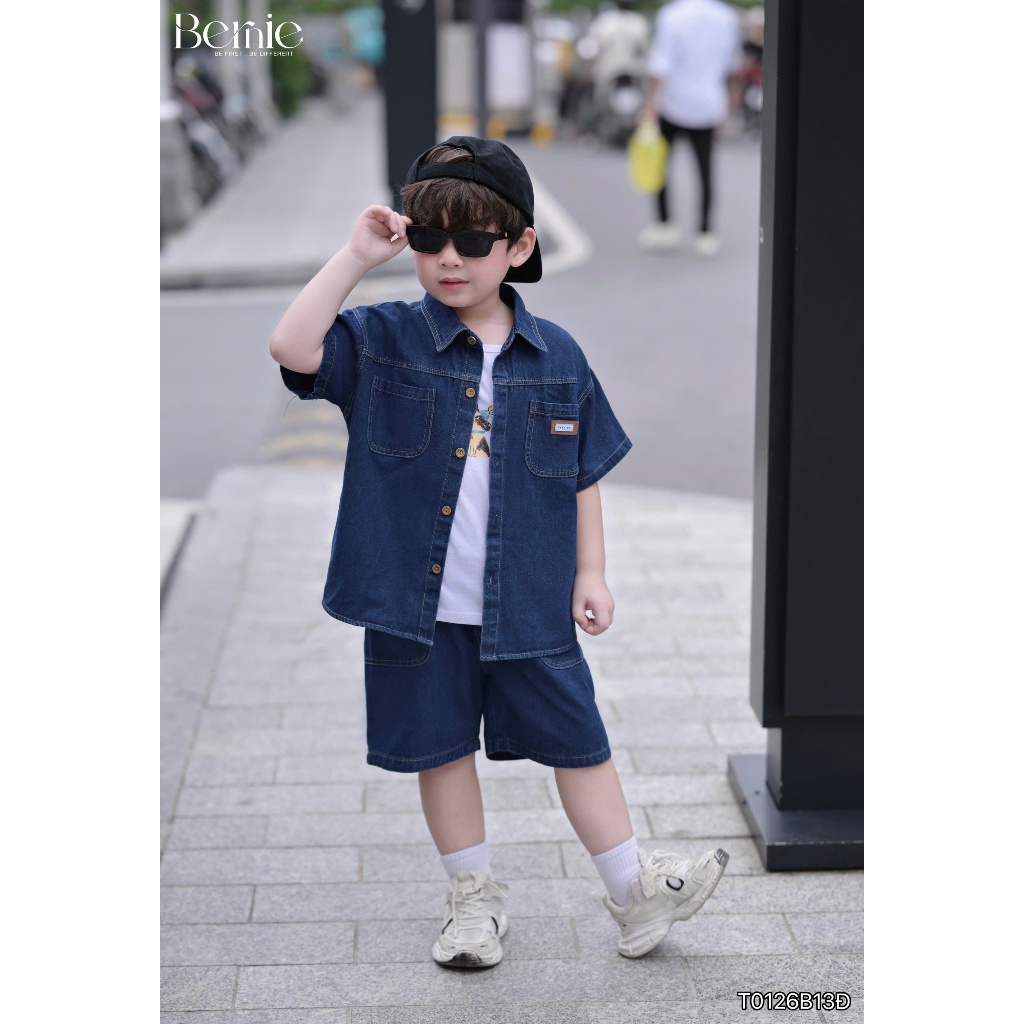 Set jean cộc tay Pocket Chill Bernie chất liệu jean mềm đứng form cực chất cho bé trai 9-28kg