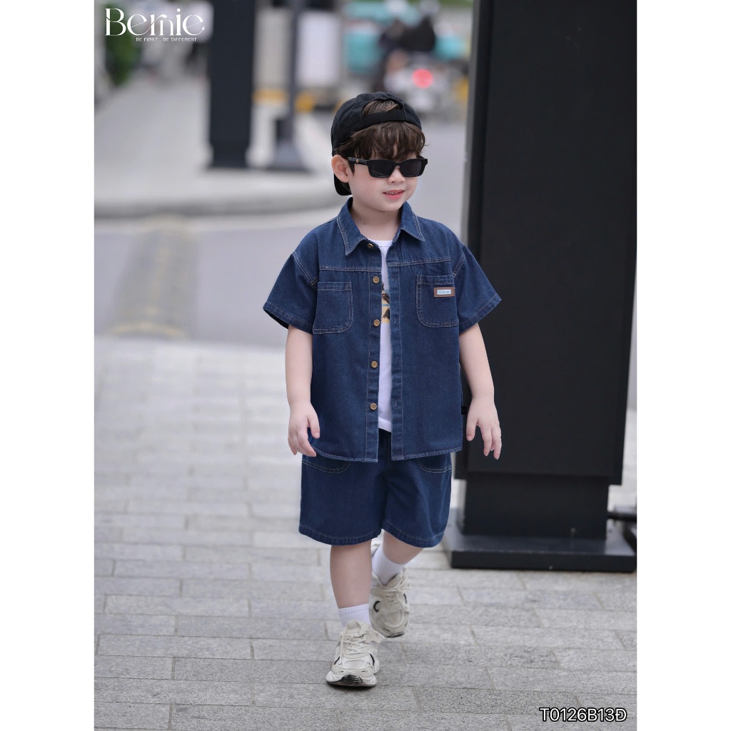 Set jean cộc tay Pocket Chill Bernie chất liệu jean mềm đứng form cực chất cho bé trai 9-28kg