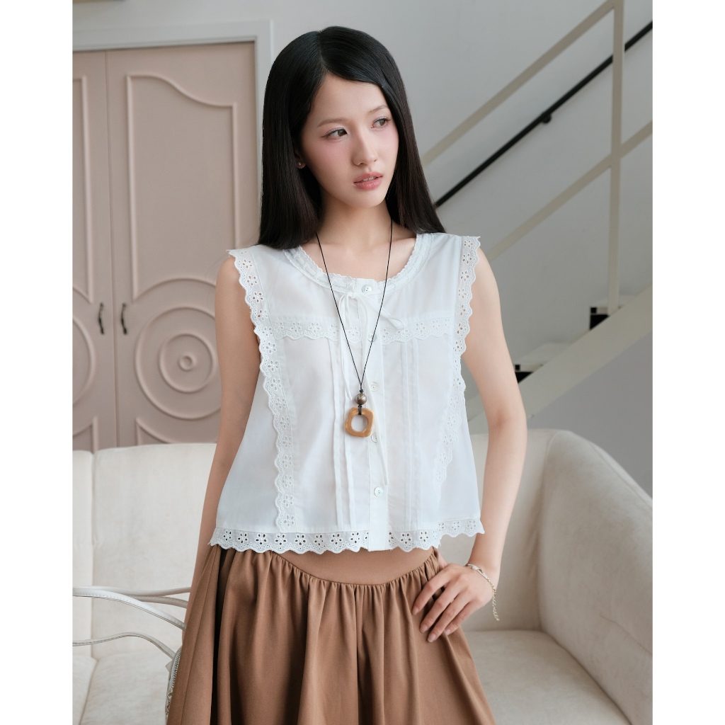 SECODEE Áo Sát Nách Họa Tiết Ren Thêu Hoa Phối Nơ GRUELL TOP Áo Nữ Phong Cách Vintage FSBA2604080