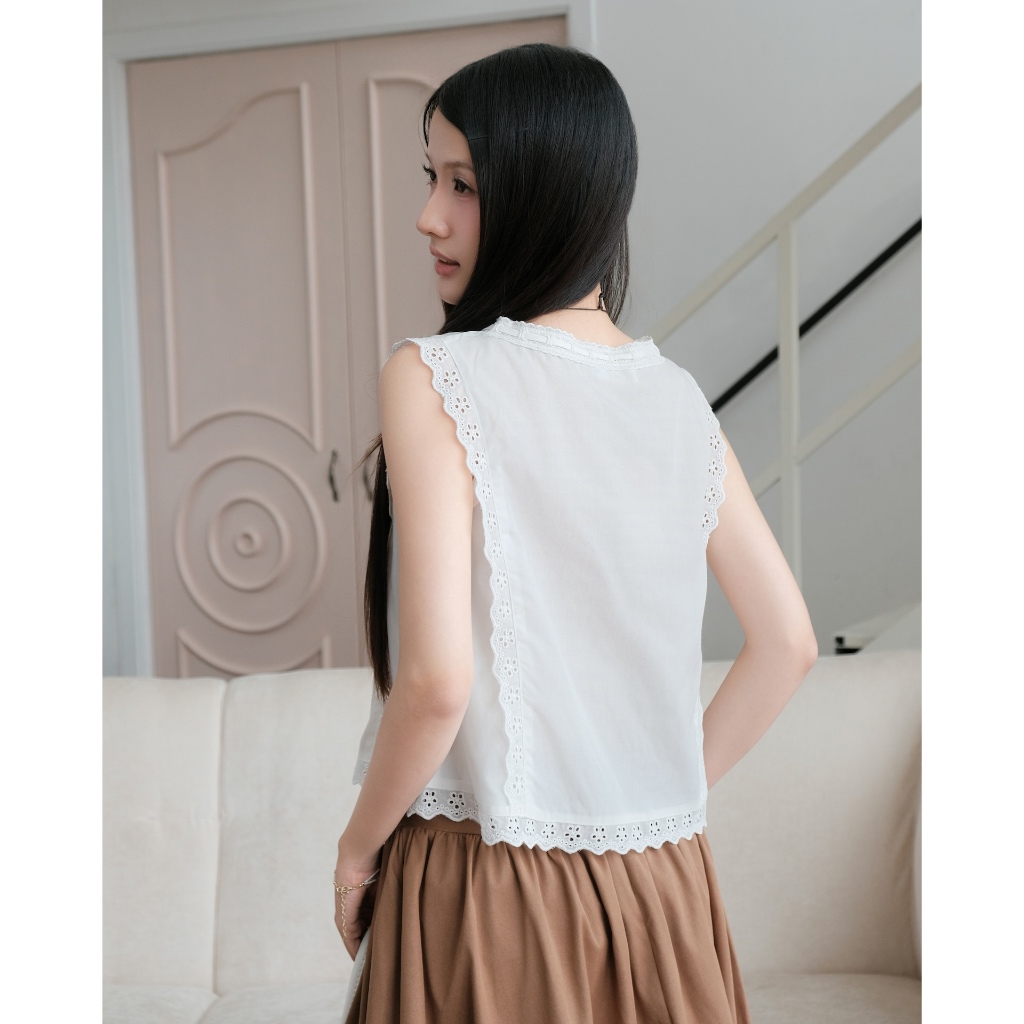 SECODEE Áo Sát Nách Họa Tiết Ren Thêu Hoa Phối Nơ GRUELL TOP Áo Nữ Phong Cách Vintage FSBA2604080