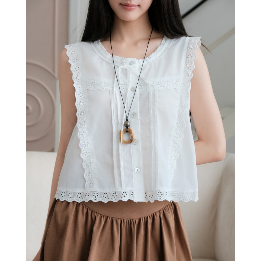 SECODEE Áo Sát Nách Họa Tiết Ren Thêu Hoa Phối Nơ GRUELL TOP Áo Nữ Phong Cách Vintage FSBA2604080