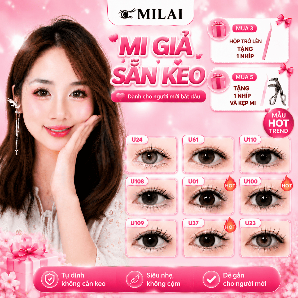 Mi giả sẵn keo MILAI đa dạng kiểu dáng | Mua 3 hộp tặng nhíp, mua 5 hộp tặng nhíp và kẹp mi