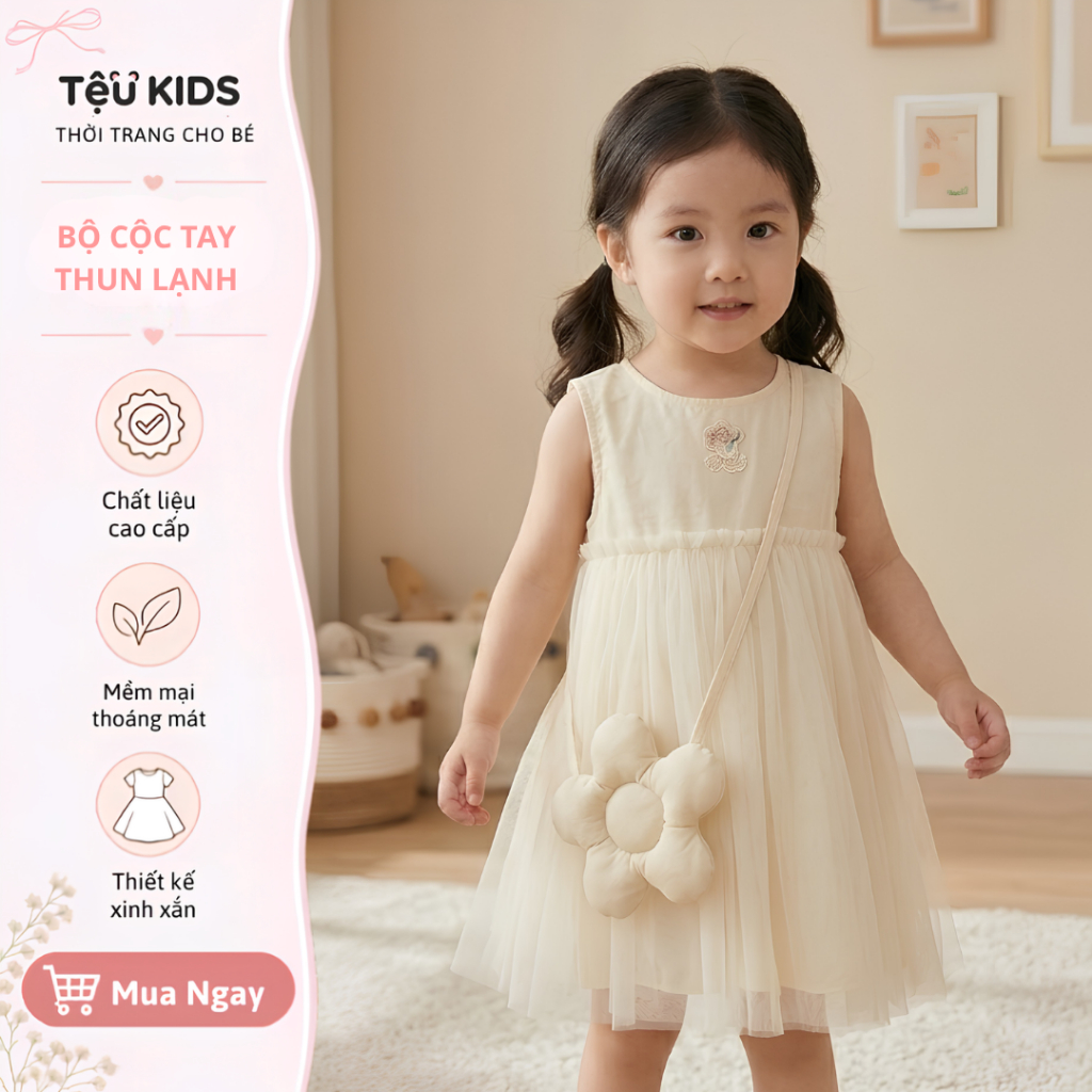 [Tặng Kèm Túi Hoa] Set Váy Công Chúa Tệu Kids - Váy Bé Gái Viền Voan Dễ Thương Đồ Bộ Trẻ Em Mùa Hè