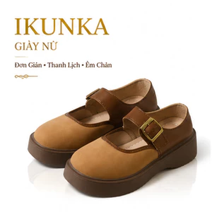 IKUNKA Giày Nữ Mary Jane Đế Cao Da Mềm, Giày Búp Bê Mũi Tròn Màu Nâu, Giày Đi Học Style Hàn Quốc