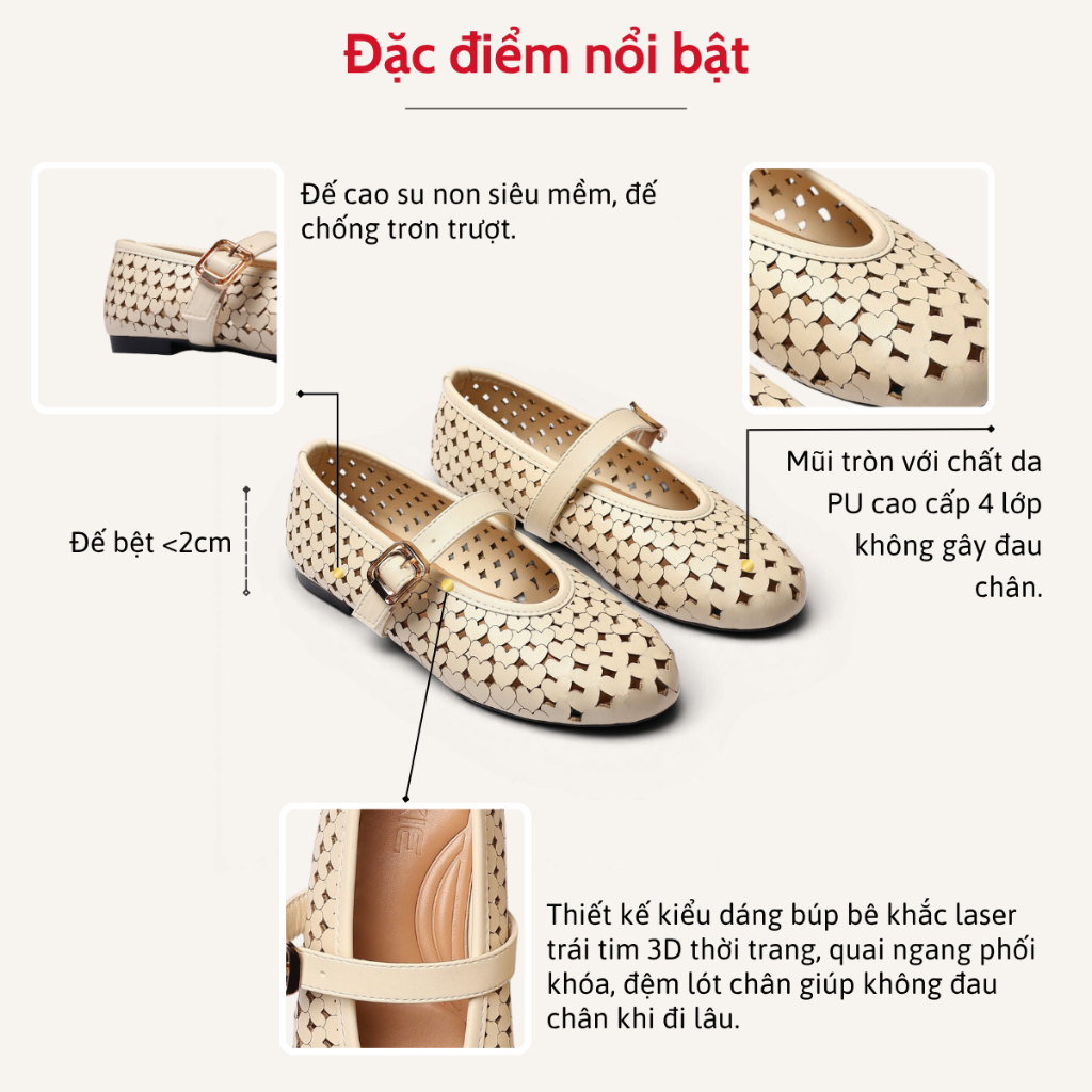 [HÀNG ĐẶT TRƯỚC] Giày Búp Bê Nữ Đế Bệt Mary Jane Cut-Out Laser Trái Tim 3D Quai Ngang Pixie H999