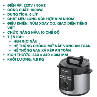 Nồi áp suất 6 L Kangaroo KGPC6M2 hàng trưng bày 98-99% chính hãng 100% bảo hành 12 tháng